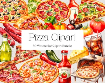 30 Watercolor Pizza Clipart, Food Clipart, Bakery Clipart, Planner Sticker, Instant Download, Commercial Use