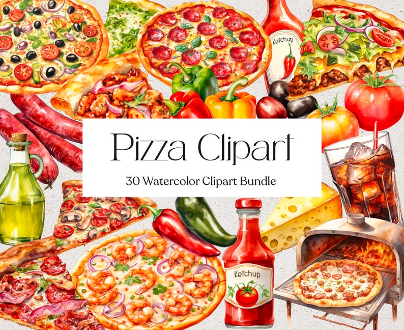 Może przedstawiać: Zestaw 30 ilustracji pizzy w akwareli. Zawiera r&oacute;żne dodatki do pizzy, składniki i artykuły związane z pizzą, takie jak butelki ketchupu, papryki i szklankę coli.  "Pizza Clipart" i "30 Watercolor Clipart Bundle" są napisane czarnym kolorem na białym tle.