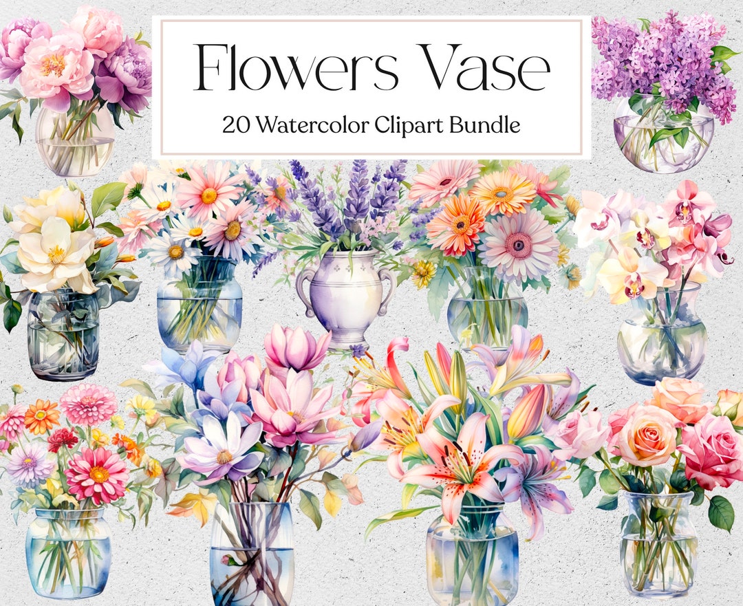20 Flowers Vase Clipart, Watercolor Vase of Flowers, Floral Clipart ...