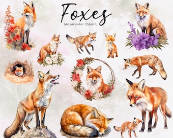 30 Watercolor Fox Clipart, Woodland Animal Clipart, Red Fox, Floral Foxes, Instant Download, Commercial Use