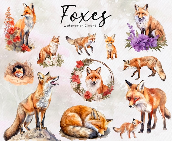 30 Watercolor Fox Clipart, Woodland Animal Clipart, Red Fox, Floral Foxes, Instant Download, Commercial Use