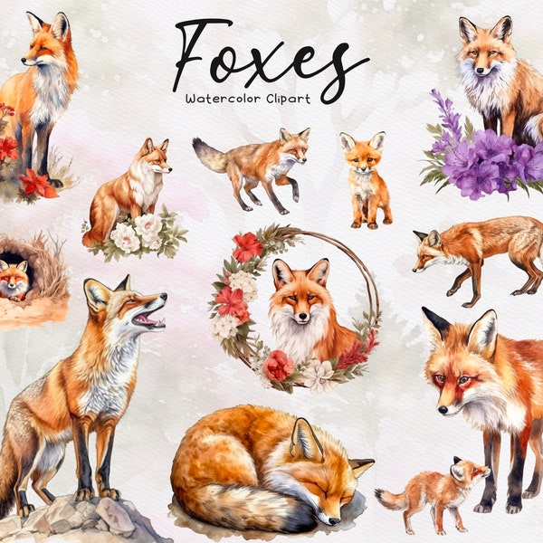 30 Watercolor Fox Clipart, Woodland Animal Clipart, Red Fox, Floral Foxes, Instant Download, Commercial Use