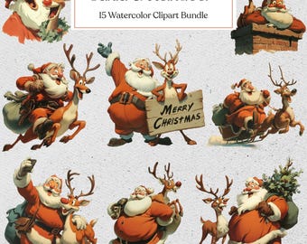 Santa and Reindeer Clipart, Funny Christmas Clipart, Retro Santa Art, Silly Holiday Illustration, Cute Xmas PNG, Instant Download