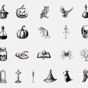 May include: A set of 19 black and white illustrations of Halloween themed objects, including a pumpkin, an owl, a skull, a spider, a witch, a snake, a cross, a grave, a potion bottle, a book, a tree, a rat, a skeleton, a hand, a jar, a torch, and a witch's hat.