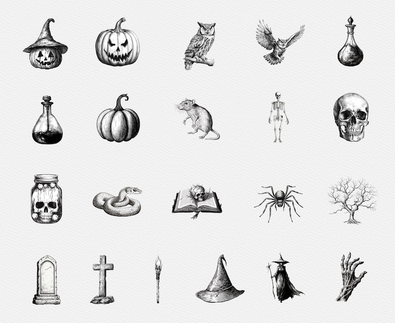 May include: A set of 19 black and white illustrations of Halloween themed objects, including a pumpkin, an owl, a skull, a spider, a witch, a snake, a cross, a grave, a potion bottle, a book, a tree, a rat, a skeleton, a hand, a jar, a torch, and a witch's hat.