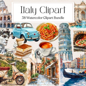 38 Italië aquarel clipart, reizen clipart, Italiaanse monumenten, Rome clipart, pizza afbeelding, Colosseum, reizen sticker, Instant Download