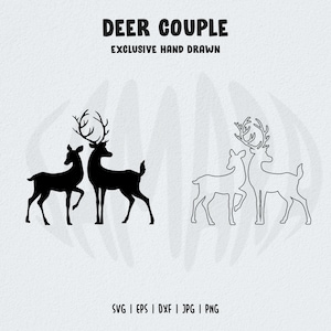 May include: A black and white silhouette of a deer couple. The deer are standing side by side, with the male deer's antlers visible. The image is labeled "DEER COUPLE EXCLUSIVE HAND DRAWN" and "SVG | EPS | DXF | JPG | PNG".