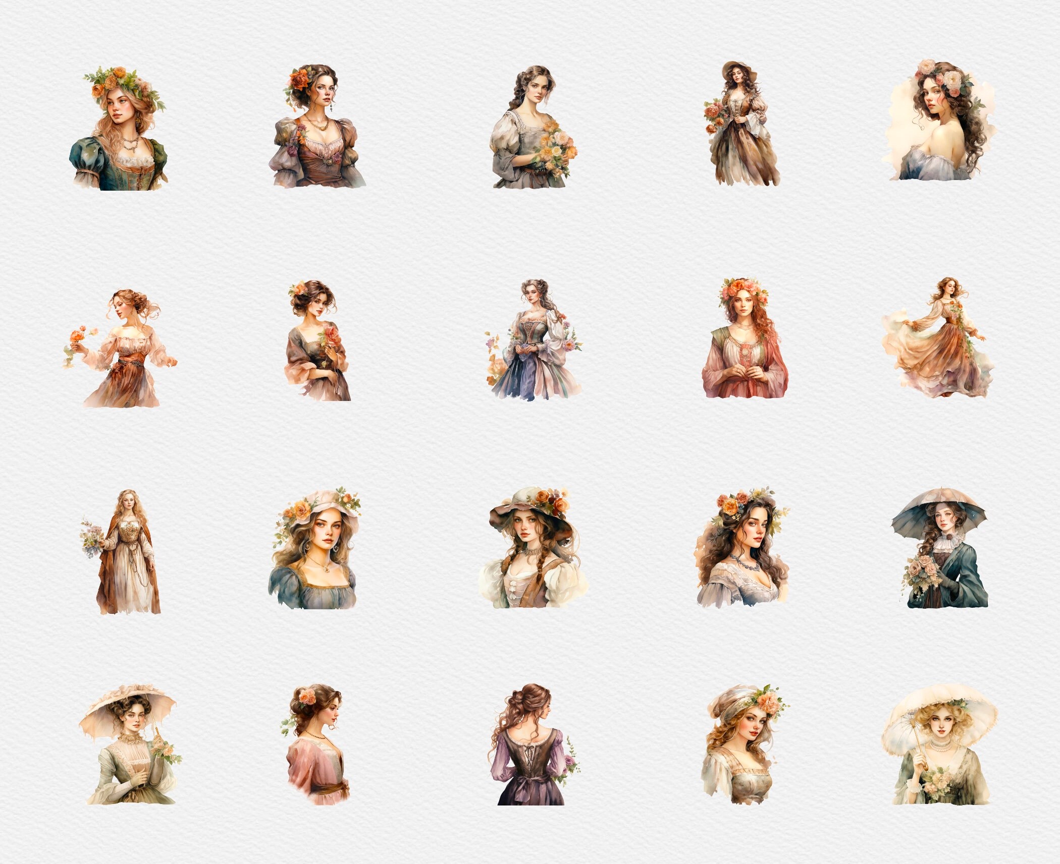 20 Vintage Renaissance Lady Clipart, Watercolor Renaissance Lady ...
