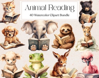 40 Baby Animal Reading Clipart, Watercolor Animal Reading Book, Cute Baby Animal Clipart, Book Clipart, Instant Download