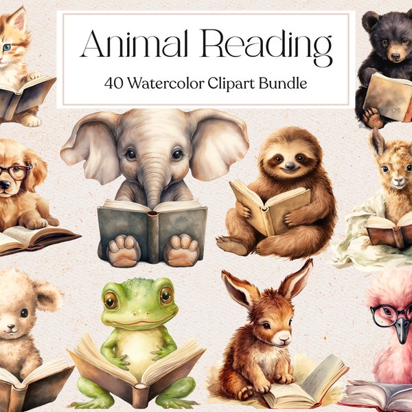 40 Baby Animal Reading Clipart, Watercolor Animal Reading Book, Cute Baby Animal Clipart, Book Clipart, Instant Download