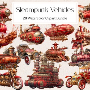 28 Red Steampunk Vehicles Clipart, Watercolor Vintage Steampunk Transport, Steampunk Clipart, Scrapbooking, Instant Download