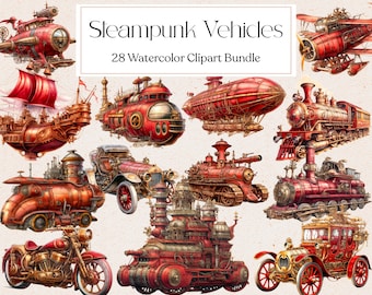 28 Red Steampunk Vehicles Clipart, Watercolor Vintage Steampunk Transport, Steampunk Clipart, Scrapbooking, Instant Download
