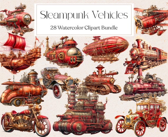 28枚の赤いスチームパンクな乗り物のクリップアート、水彩画風