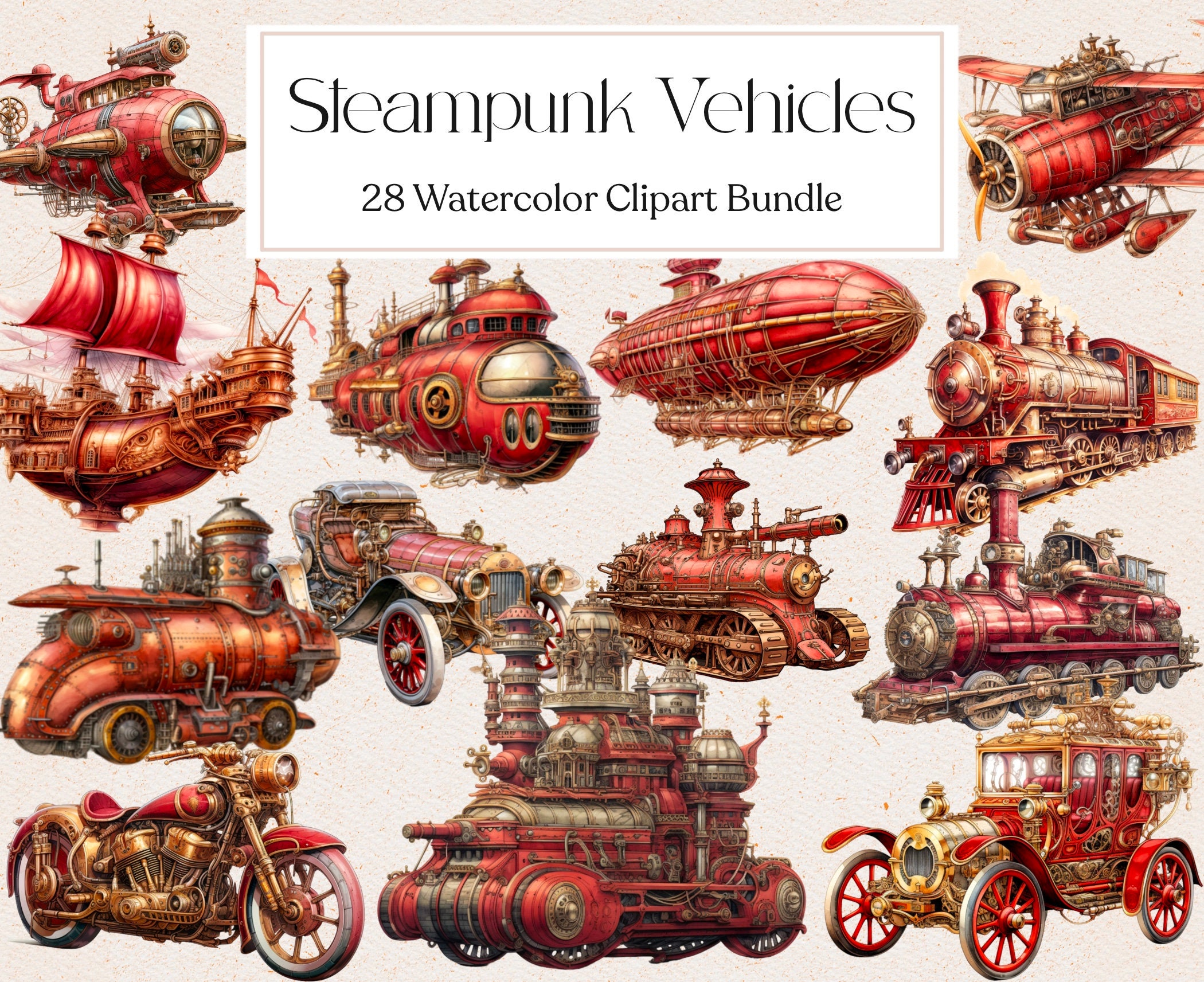 28 Red Steampunk Vehicles Clipart, Watercolor Vintage