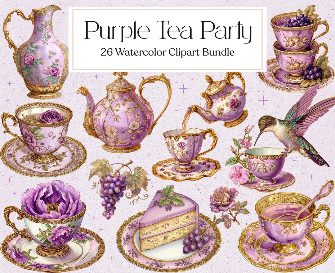 26 Watercolor Purple Grape Tea Party Clipart, Purple and Gold Teacups ...