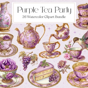 26 aquarel paarse druif theekransje clipart, paarse en gouden theekopjes, paarse theeset, commercieel gebruik, instant download