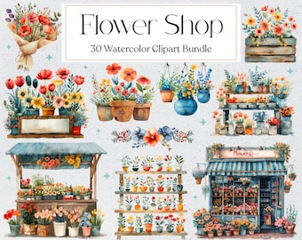 May include: A watercolor clipart bundle of 30 flower shop illustrations. The bundle includes images of flower arrangements, potted plants, flower shop signs, and a flower shop storefront. The illustrations are in a vintage style and feature a variety of flowers, including roses, tulips, and daisies.