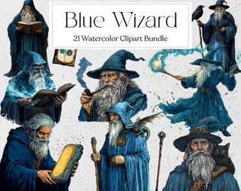 Clipart de mago azul vintage, clipart de mago em aquarela, gráfico de fantasia mágica, download instantâneo