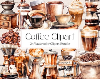 24 Watercolor Coffee Clipart, Drinks Clipart, Espresso, Coffe Sticker, Instant Download, Commercial Use