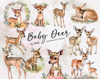 16 Baby Deer Watercolor Clipart, Watercolor Deer, Little Animals, Cute Deer, Woodland Nursery, Baby Shower Clipart, Instant Download