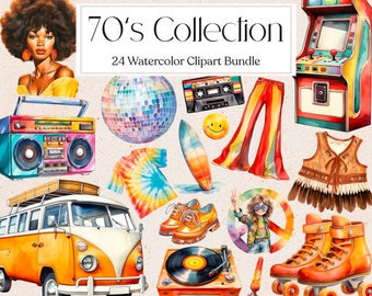 Collezione anni '70, clipart ad acquerello, clipart retrò, PNG vintage e groovy, arte old school, download immediato