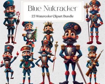 Cascanueces azul en acuarela, gráfico de Cascanueces navideño, PNG navideño, descarga instantánea