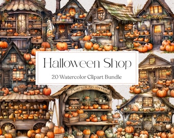 20 imágenes prediseñadas de acuarela de tienda de Halloween, imágenes prediseñadas de tienda de calabazas, imágenes PNG de acuarela de Halloween, diario de recortes, descarga instantánea, uso comercial