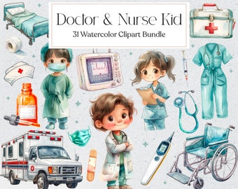 31 Doctor & Nurse Kid Clipart, Watercolor Nurse Kid Clipart, Medical Clipart, Kid Doctor Png, Instant Download