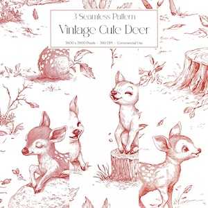 Vintage Cute Deer Digital Paper, Seamless Baby Deer Background, Woodland Animal Pattern, Instant Download