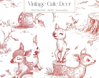 Vintage Cute Deer Digital Paper, Seamless Baby Deer Background, Woodland Animal Pattern, Instant Download