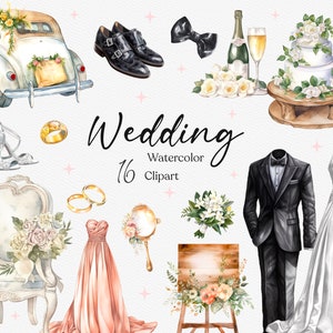 16 Watercolor Wedding Clipart, Bride Clip Art, Wedding Elements ...