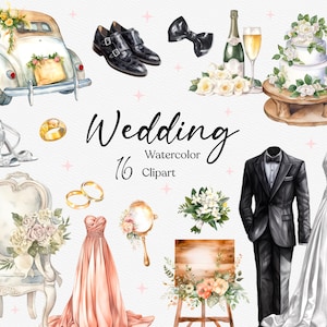 16 Watercolor Wedding Clipart, Bride Clip Art, Wedding Elements ...