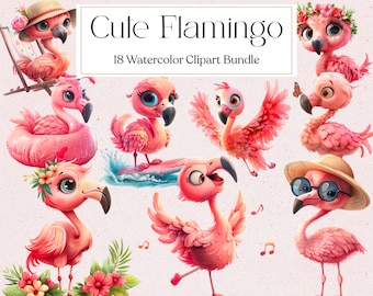 18 Cute Flamingo Clipart, Watercolor Flamingo Clipart, Tropical Bird Clipart, Animals Clipart, Nursery, Instant Download