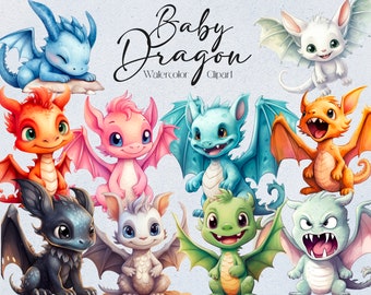 16 Baby Dragon Watercolor Clipart, Cute Dragon Png, Fantasy Clipart, Instant Download, Commercial Use