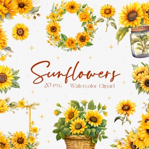 20 Clipart tournesols aquarelle, cadre tournesols, Floral rustique, téléchargement immédiat, usage Commercial