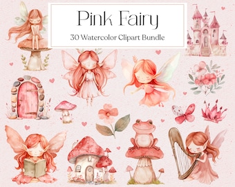 30 rosa Fee Clipart, Aquarell Feengarten Clipart, Floral Clipart, Fantasy Clipart, Pilz Clipart, Instant Download