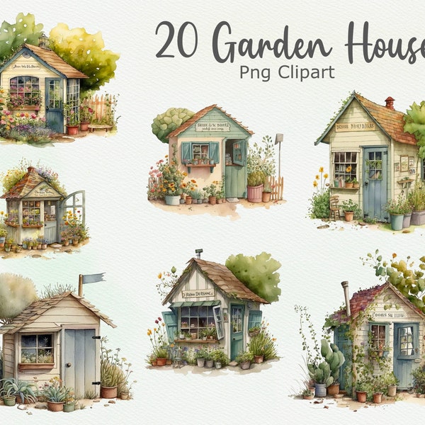 20 Watercolor Garden House clipart, Garden Shack  Clipart, Summer Country House, Garden plants, Instant download, Commercial Use