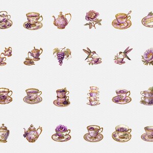 26 Watercolor Purple Grape Tea Party Clipart, Purple and Gold Teacups ...