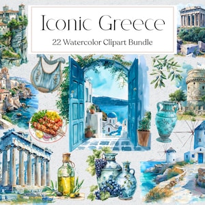 22 Clipart été Grèce, aquarelle Santorin Grèce Clipart, Clipart méditerranéen, voyage des cliparts, téléchargement immédiat