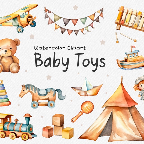20 Watercolor Baby Toys Clipart, Baby Shower Clipart, Birthday Clipart, Wooden Toy, Children Clipart, Instant Download, Commercial Use