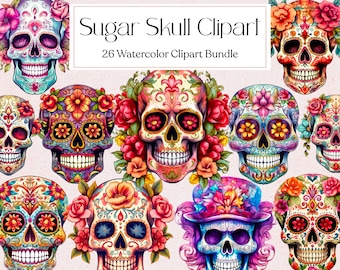 26 Sugar Skull Watercolor Clipart, Day of the Dead Clipart, Calavera Clipart, Día de los Muertos Png, Direktnedladdning