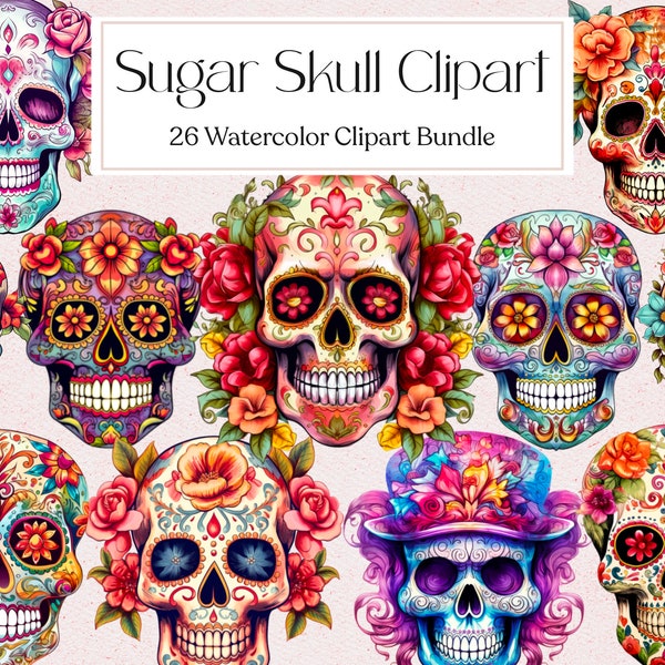 26 Sugar Skull Watercolor Clipart, Day of the Dead Clipart, Calavera Clipart, Día de los Muertos Png, Instant Download