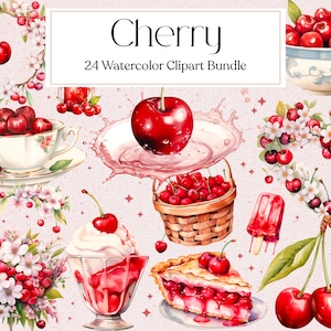 Cherry Watercolor Clipart, Watercolor Cherries Clipart, Fruits Png, Commercial Use, Instant Download