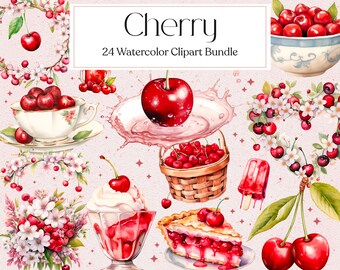 Cherry Watercolor Clipart, Watercolor Cherries Clipart, Fruits Png, Commercial Use, Instant Download