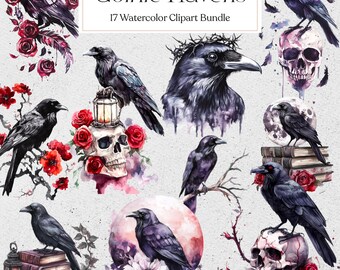 Clipart corbeaux gothiques aquarelle, Dark Fantasy Raven PNG, graphique gothique, téléchargement immédiat