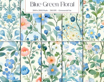 Seamless Blue Green Floral Digital Paper, Watercolor Floral Scrapbooking Pattern, Vintage Seamless Patterns