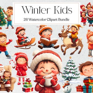 26 Winter Kids Clipart, Aquarela Natal Crianças Clipart, Crianças Bonitas, Férias de Inverno, Download Instantâneo
