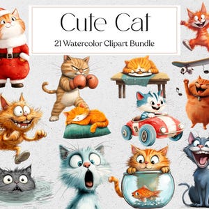 21 Cute Cat Clipart, Watercolor Cartoon Cat Clipart, Quirky Cat, Whimsical Kitten, Instant Download