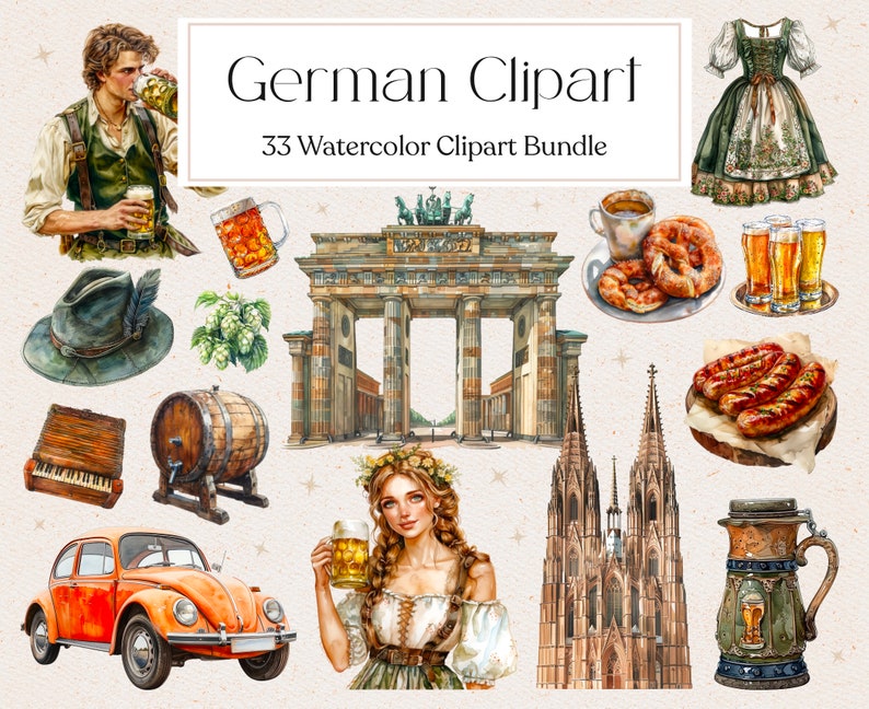 May include: A watercolor clipart bundle featuring German cultural icons. The bundle includes a traditional German dirndl, a pretzel, a beer stein, a barrel, a German flag, a gingerbread house, a German shepherd, a German car, and a German castle. The bundle is perfect for creating digital or printed projects.