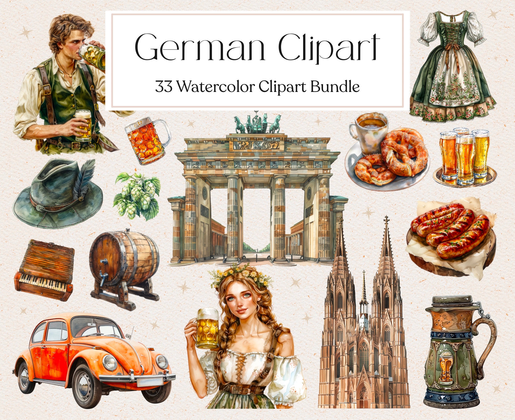 33 Watercolor Germany Clipart, Oktoberfest Clipart, Beer Clipart, Germany Symbol Landmarks Clipart, Instant Download